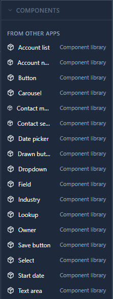 The Support desk's Components panel: From other apps, with Account list, Account name, Button, Carousel, Contact matches and more, each from Component library