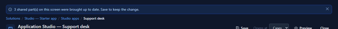 A banner: 3 shared part(s) on this screen were brought up to date. Save to keep the change.