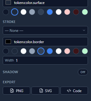 The inspector's last sections: Stroke, Shadow, and Export with PNG, SVG and Code buttons