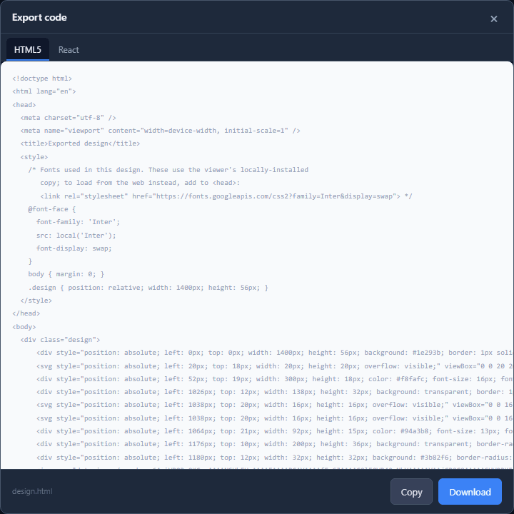 Export code: HTML5 and React tabs, the HTML of the top bar, design.html, and Copy and Download