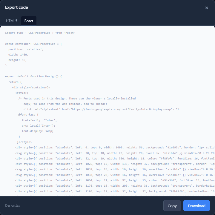 The React tab: an import of CSSProperties, a container style, and a Design component returning positioned divs