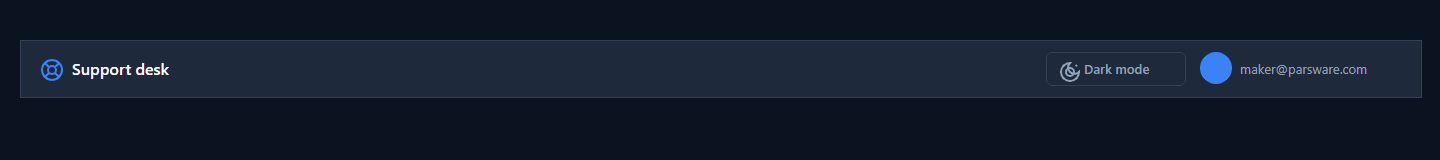 The exported top bar in a browser: the Support desk name with its icon, a Dark mode button, a blue circle and an email address