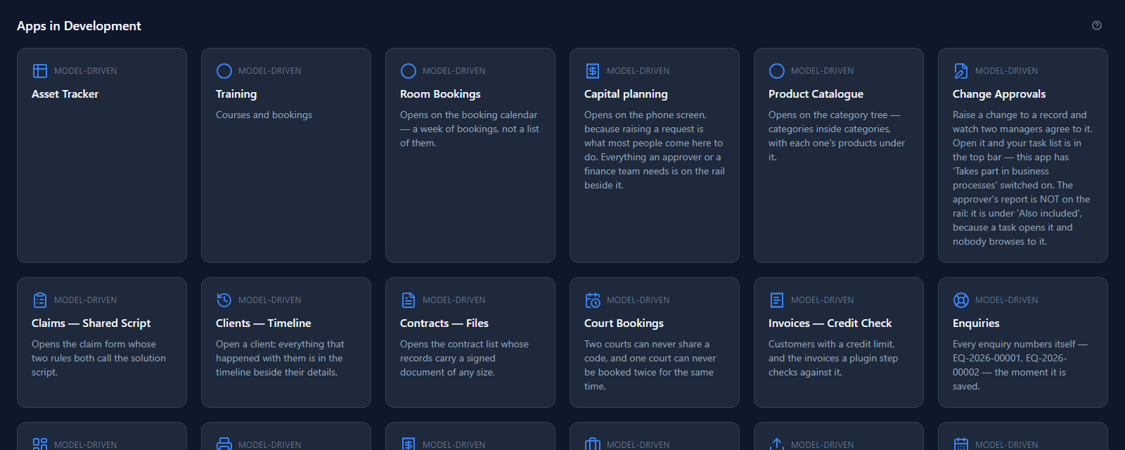 The Platform Shell's app list: Asset Tracker, Training, Room Bookings, Capital planning, Product Catalogue, Change Approvals and more