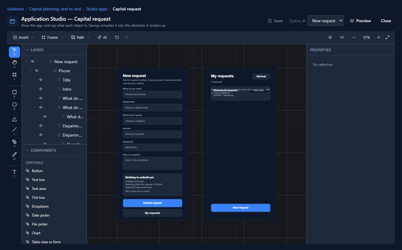The Capital request app in the designer: two phone-shaped screens side by side, New request and My requests, with Layers on the left and Properties on the right