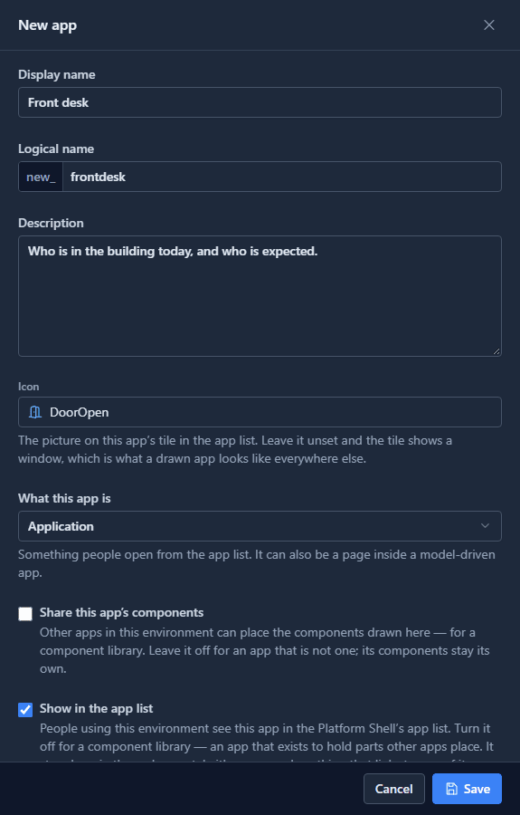 The New app drawer: Display name Front desk, Logical name new_frontdesk, a description, Icon DoorOpen, What this app is Application, Share this app's components off, Show in the app list on