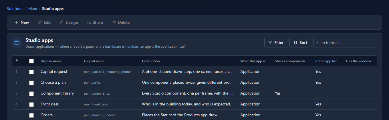 The Studio apps list with Front desk, new_frontdesk, Application, Yes under In the app list