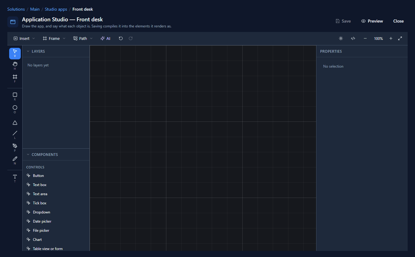 The Application Studio for Front desk: an empty canvas, No layers yet, and the Components panel with Controls