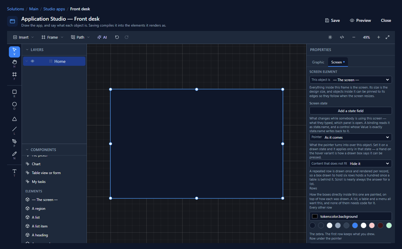 The Home frame selected: its Screen tab says This object is The screen, with Screen state, Pointer and Content that does not fit below