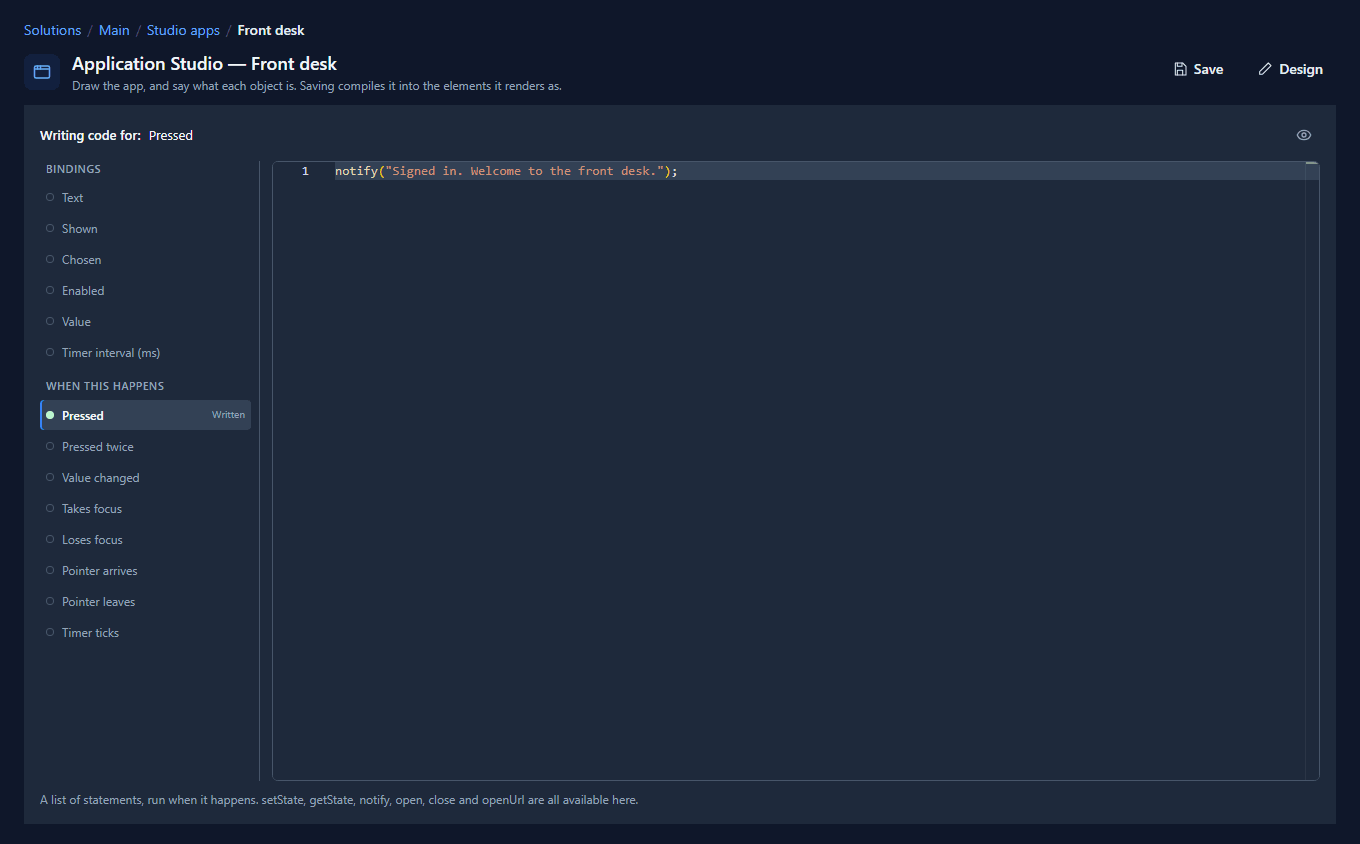 The code page: Writing code for Pressed, with Pressed marked Written in the list, and the notify line in the editor