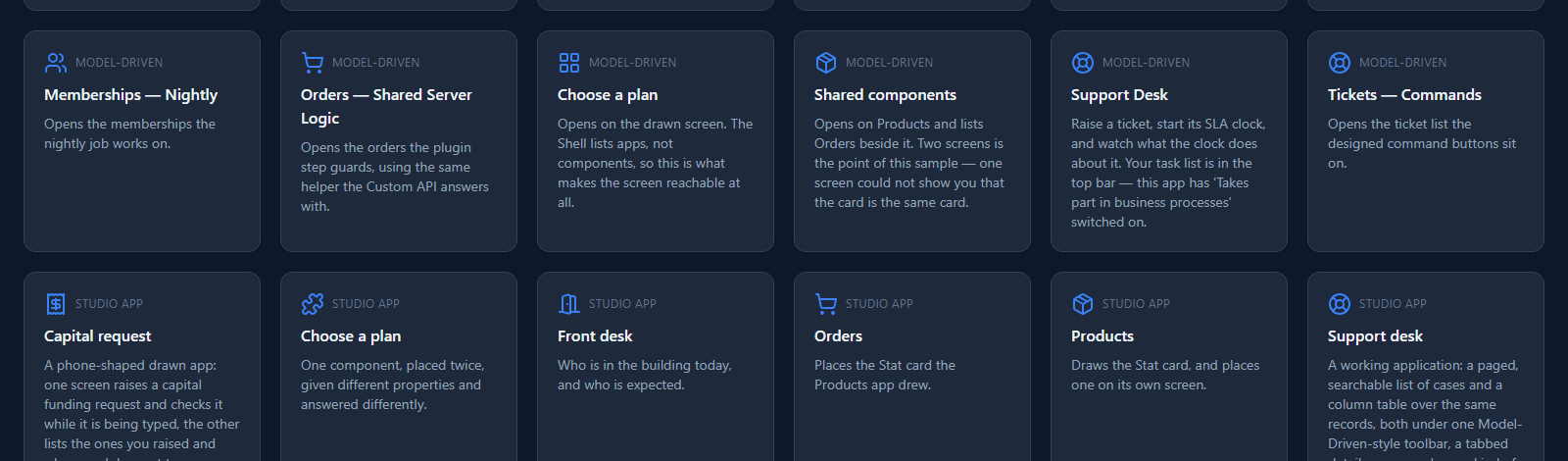 The app list's Studio apps row: Capital request, Choose a plan, Front desk, Orders, Products and Support desk