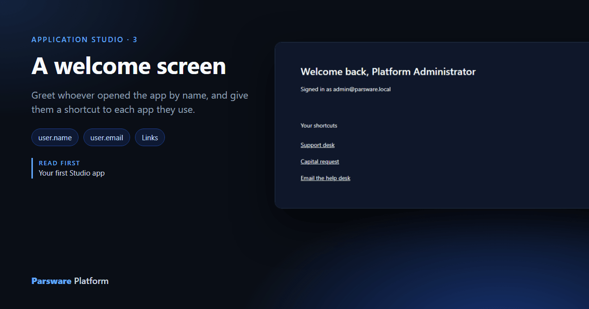 The Welcome app in the Platform Shell: "Welcome back, Platform Administrator", "Signed in as admin@parsware.local" and three links, Support desk, Capital request and Email the help desk, next to the title "A welcome screen"