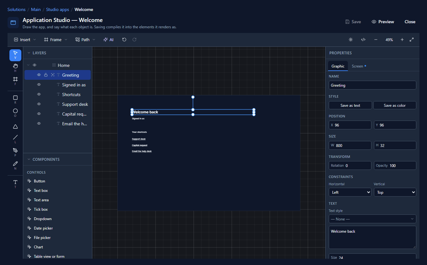 Home with the greeting, the signed-in line, Your shortcuts and three links, and Layers listing Greeting, Signed in as, Shortcuts, Support desk, Capital request and Email the help desk inside Home