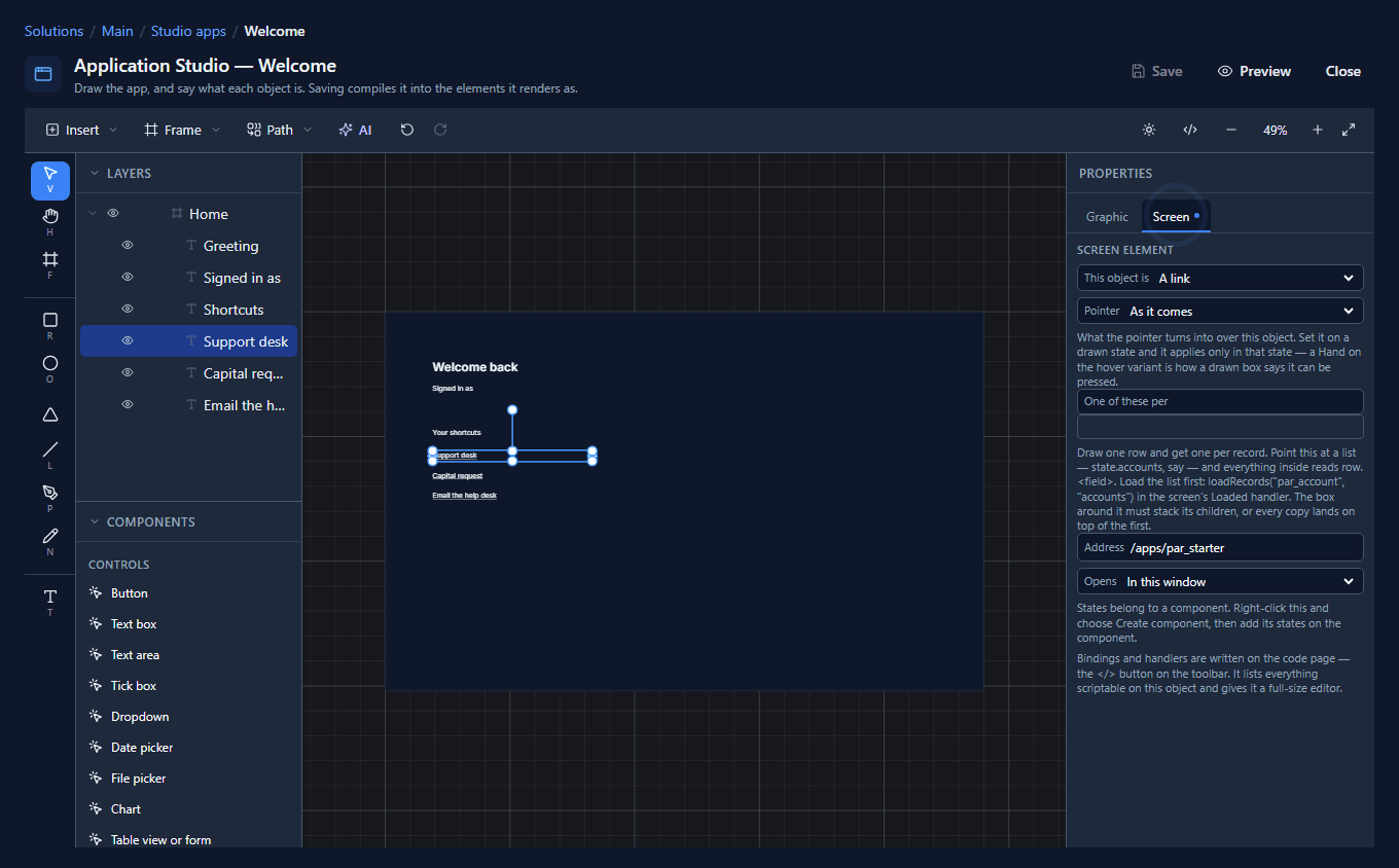 The Support desk link selected: This object is A link, Address /apps/par_starter, Opens In this window
