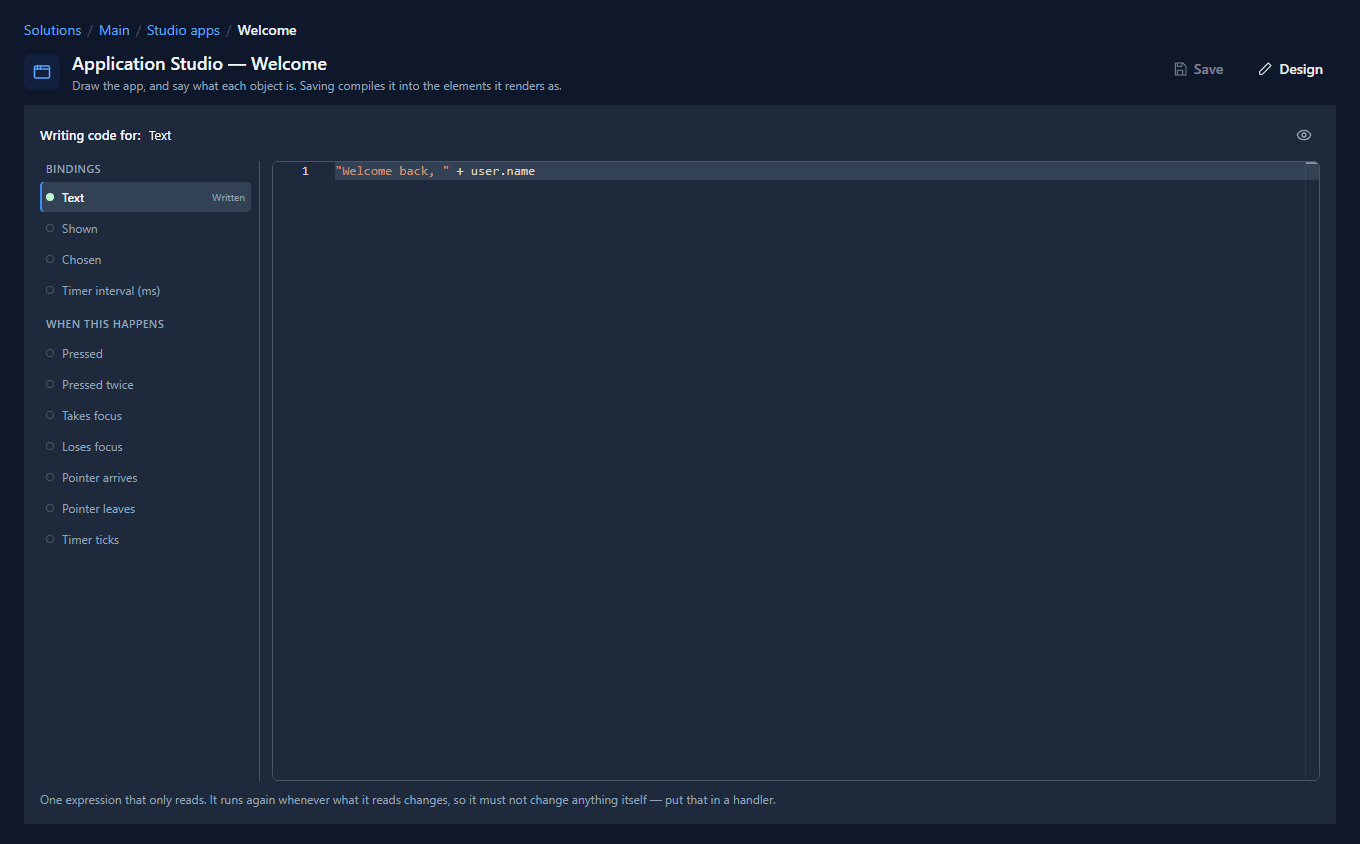 The code page for Greeting: Text marked Written, and the expression "Welcome back, " + user.name in the editor