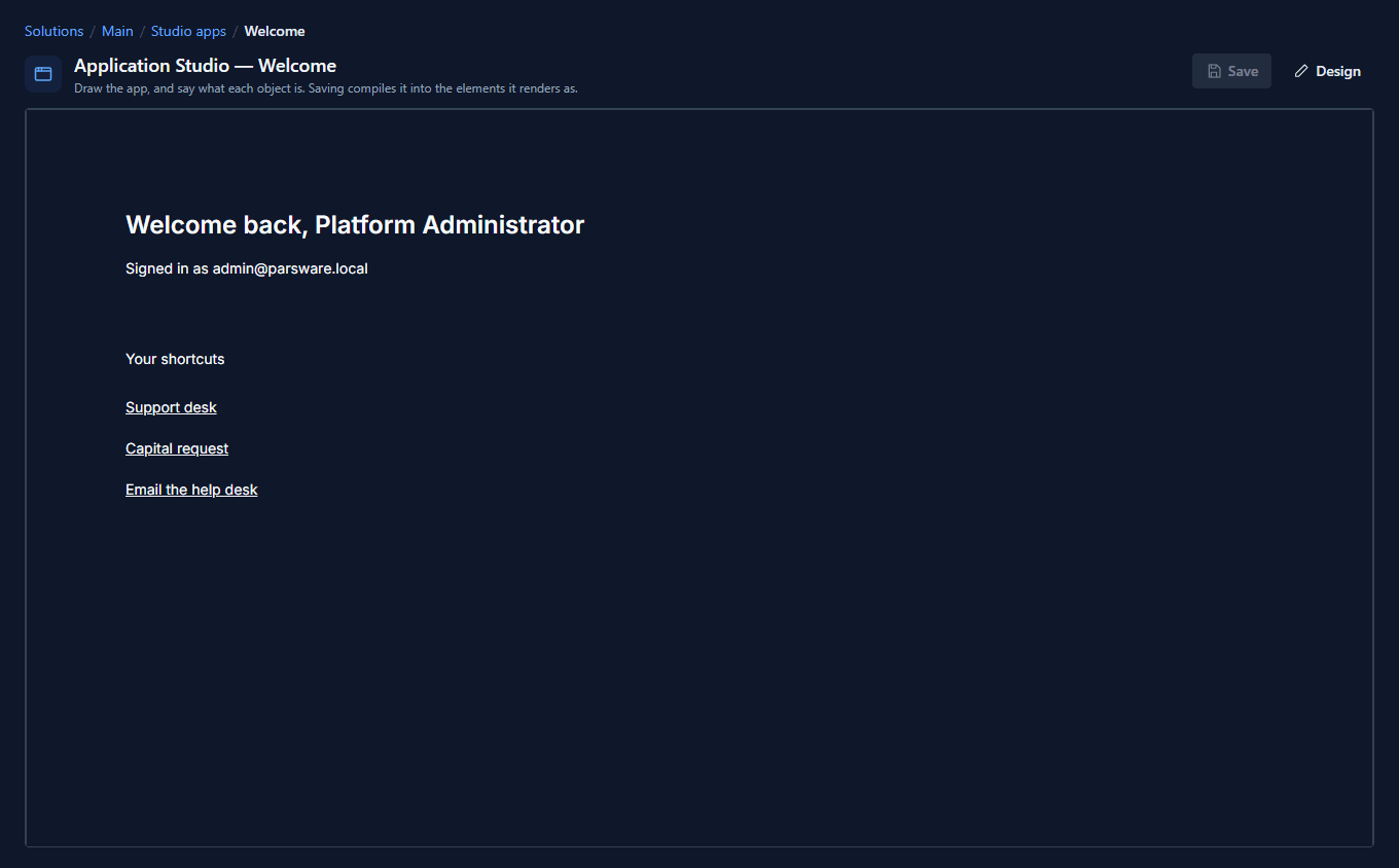 Preview: Welcome back, Platform Administrator, Signed in as admin@parsware.local, Your shortcuts and the three links