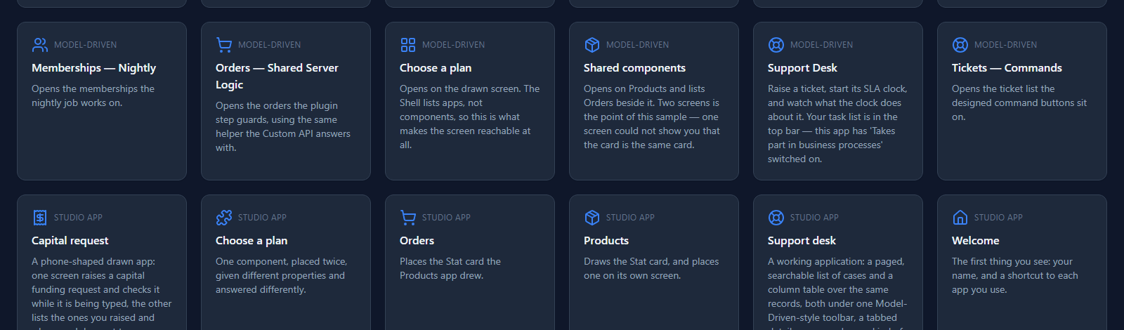 The Studio apps row of the app list, ending with Welcome and its description