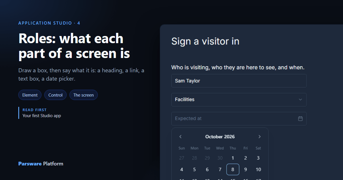 A Visitor sign-in screen with a text box holding Sam Taylor, a dropdown set to Facilities and the platform date picker open on October 2026, next to the title "Roles: what each part of a screen is"