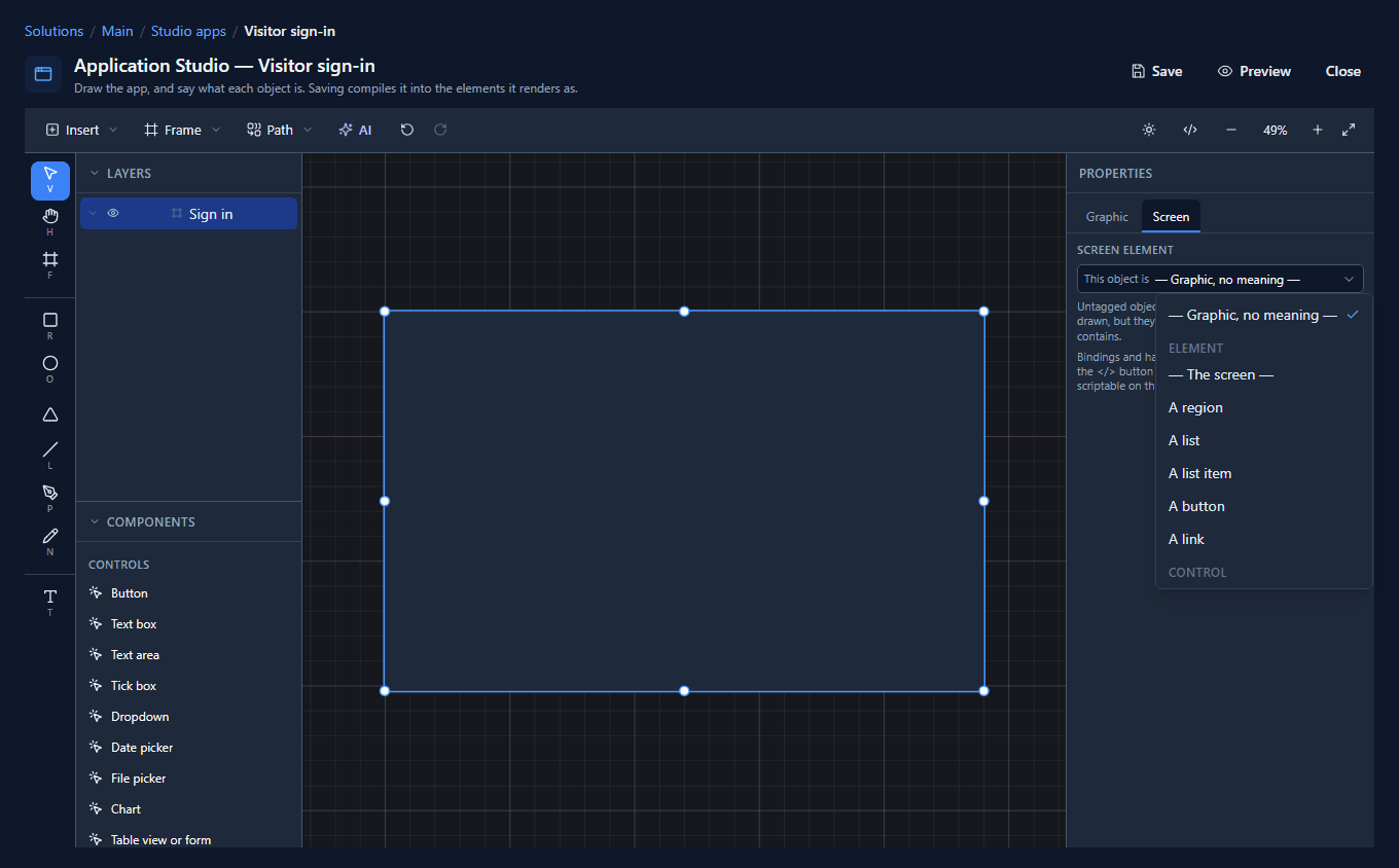 A frame drawn with the Frame tool, and the This object is list open: Graphic, no meaning, then under Element The screen, A region, A list, A list item, A button, A link, then Control