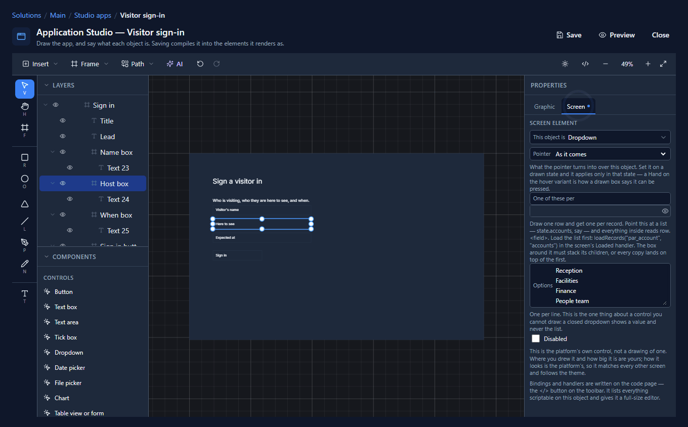 The Host box selected as a Dropdown, with Options Reception, Facilities, Finance and People team