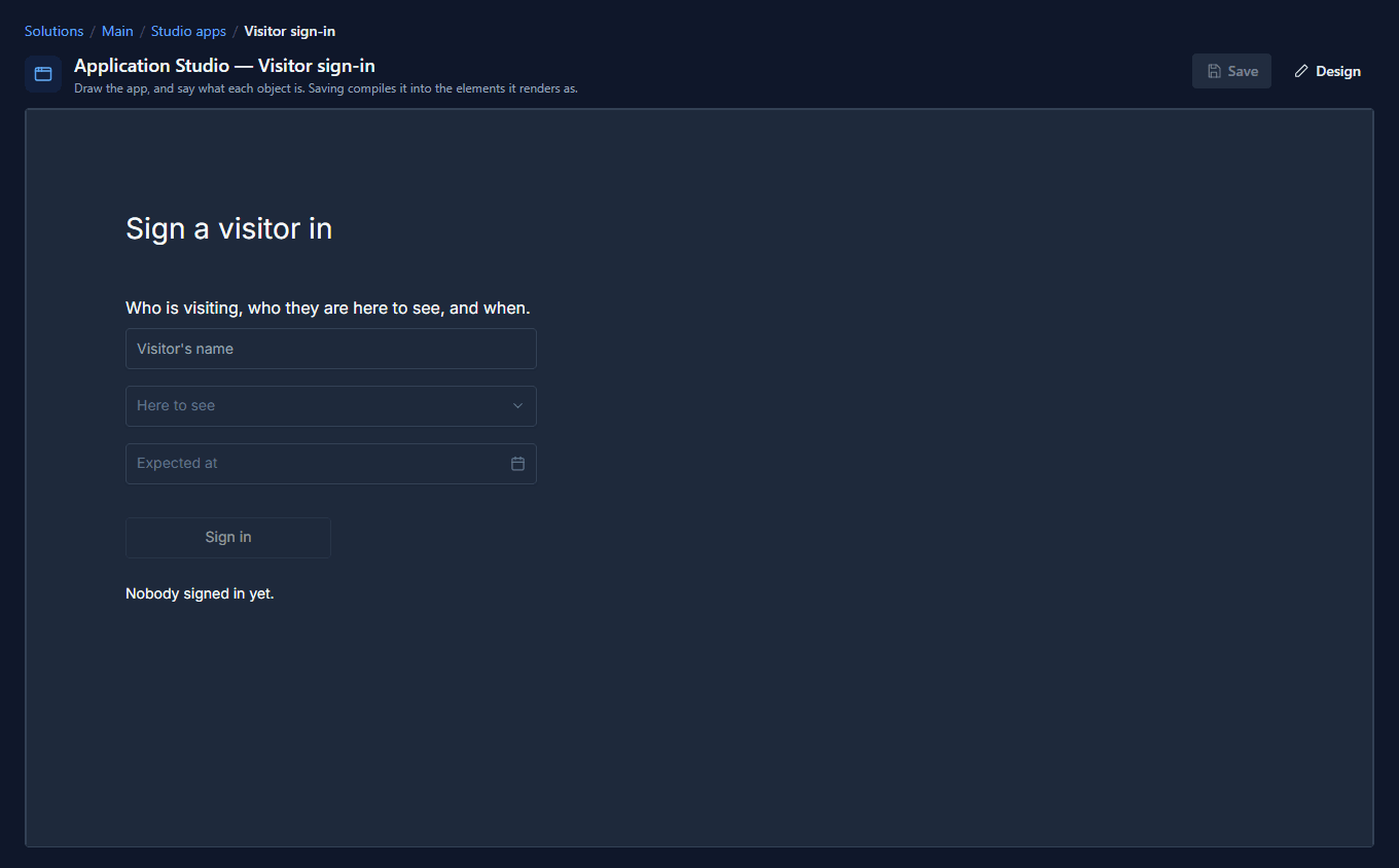 Preview: the heading, the paragraph, an empty text box saying Visitor's name, a dropdown saying Here to see, a date box saying Expected at, and a Sign in button