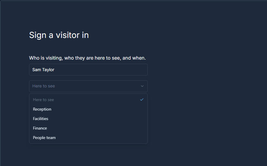 The dropdown open with Reception, Facilities, Finance and People team, and Sam Taylor typed in the text box