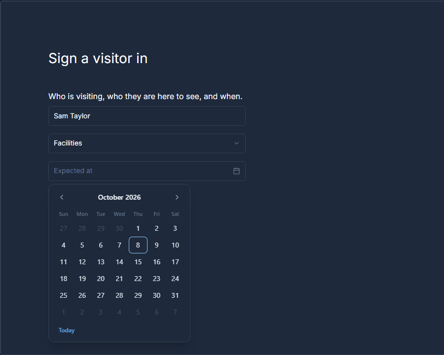The date picker open on October 2026, under the dropdown set to Facilities