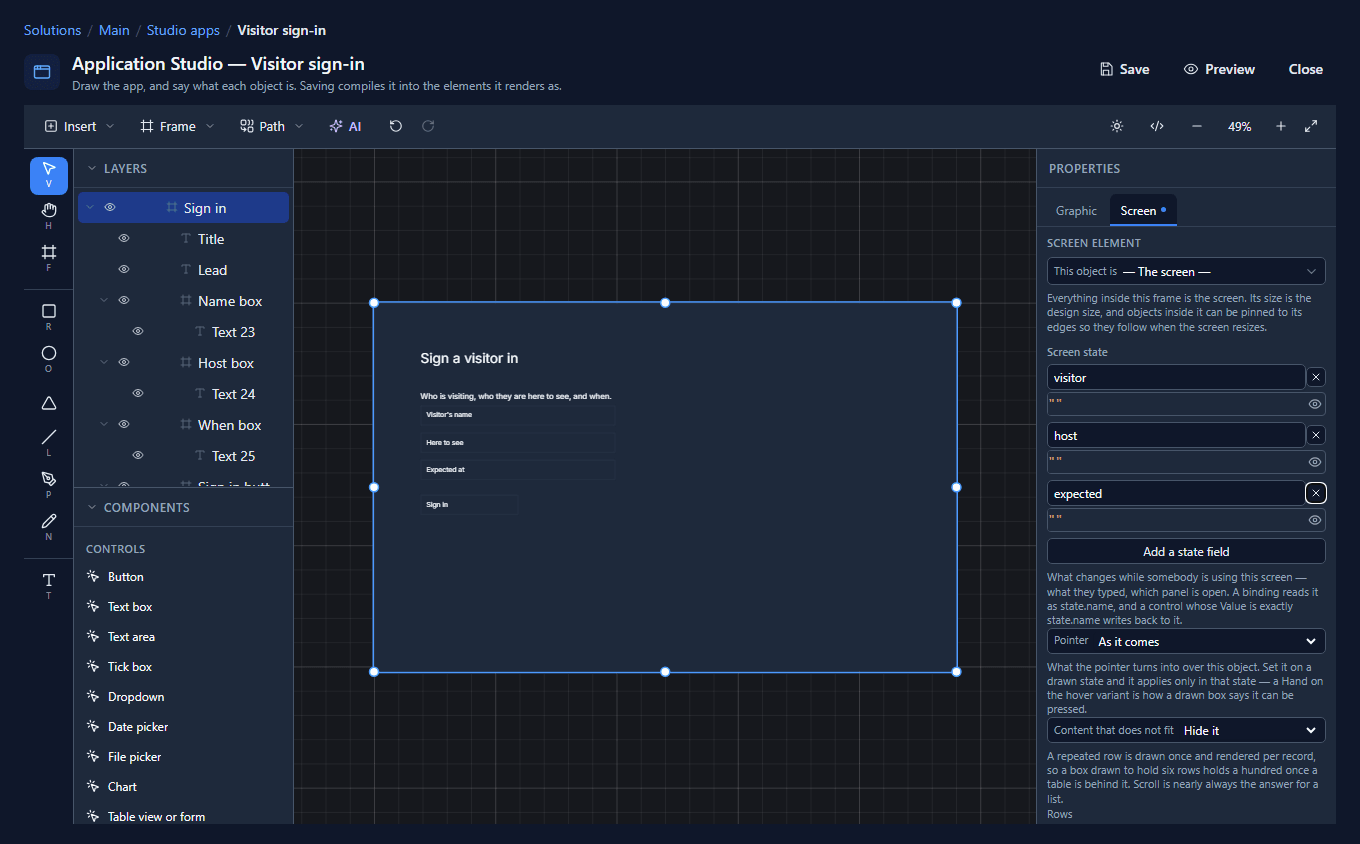 The Sign in screen selected, with three state fields under Screen state: visitor, host and expected, each starting as ""