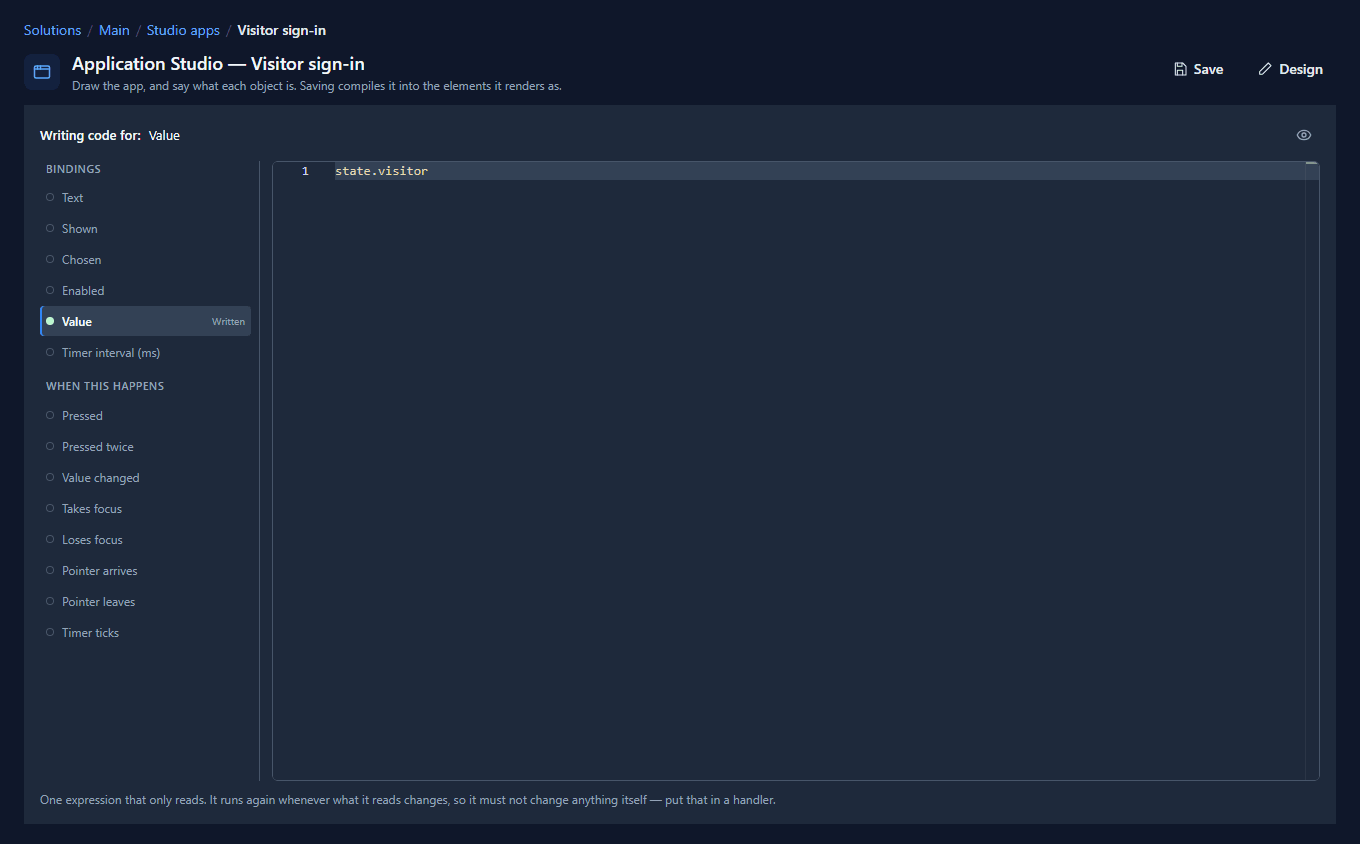 The code page for the Name box: Value marked Written, with state.visitor in the editor