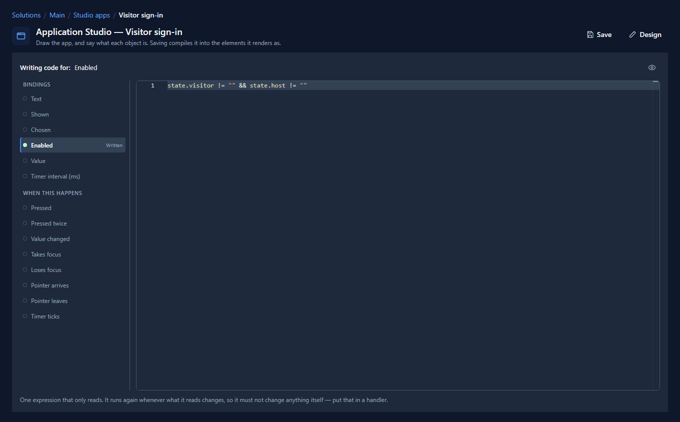 The code page for the Sign in button: Enabled marked Written, with state.visitor != "" && state.host != "" in the editor