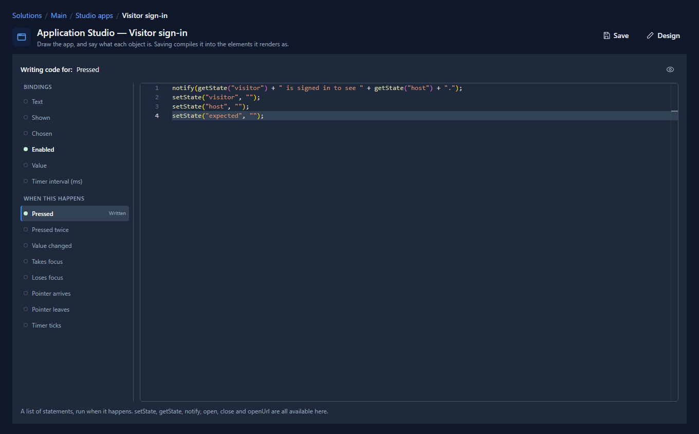 The code page for the Sign in button: Pressed marked Written, with the four lines in the editor; Enabled is also marked