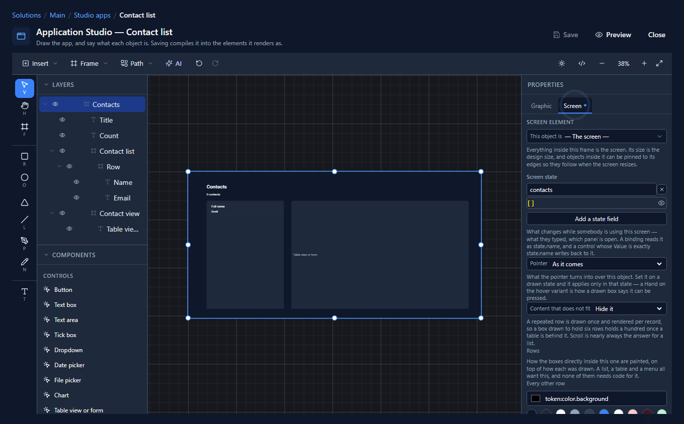 The Contacts screen selected, with one state field: contacts, starting as []