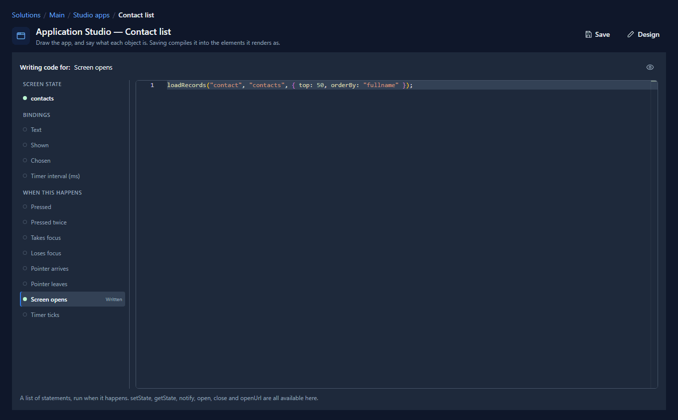 The code page for the screen: Screen opens marked Written, with the loadRecords line in the editor, and the contacts state field listed at the top