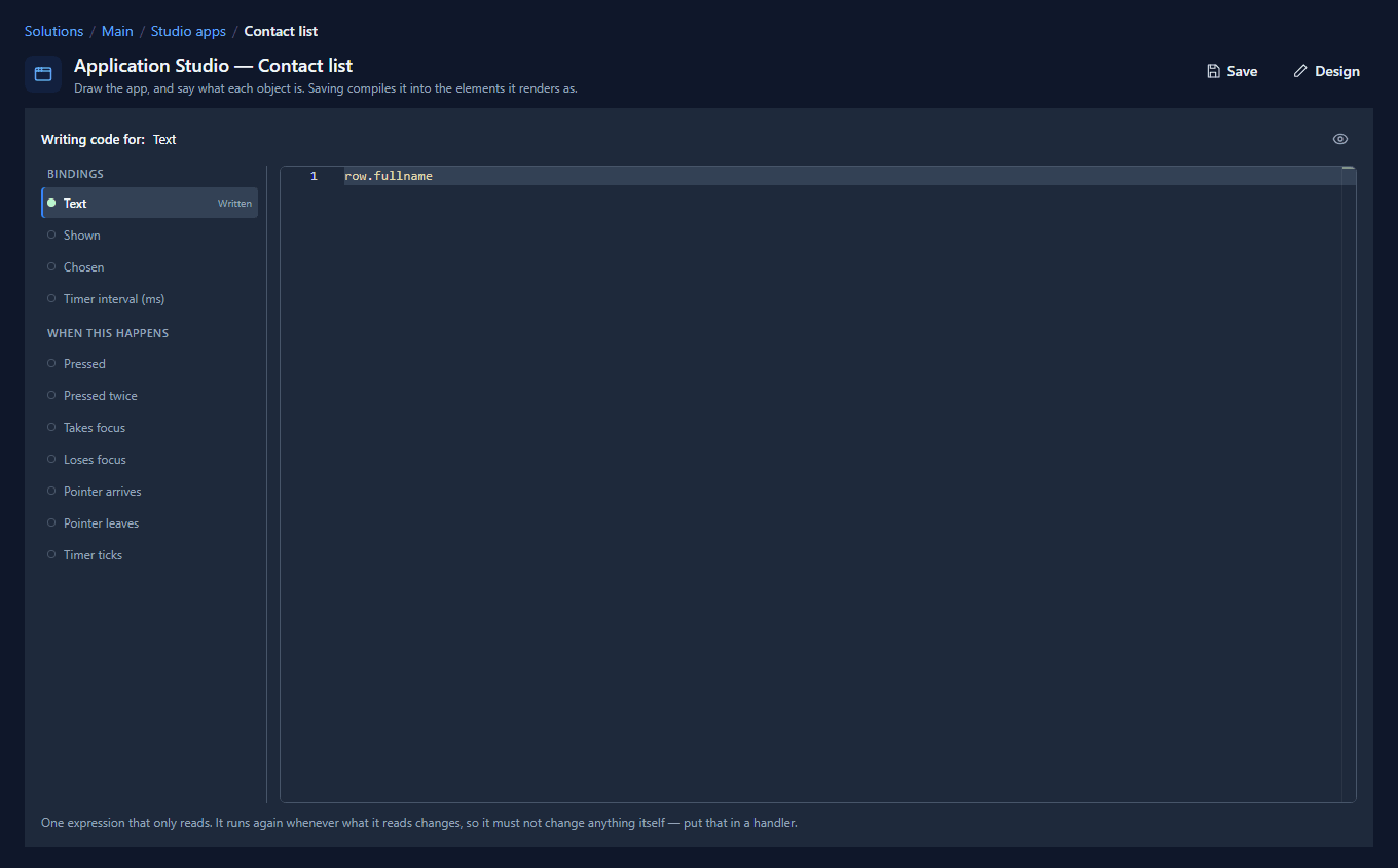 The code page for Name: Text marked Written, with row.fullname in the editor