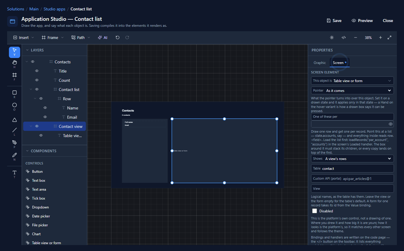 The Contact view selected as Table view or form: Shows A view's rows, Table contact, View empty