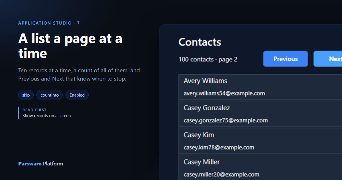 The Contacts screen in the Shell: "100 contacts · page 2", Previous and Next buttons, and ten contacts from Avery Williams down, next to the title "A list a page at a time"