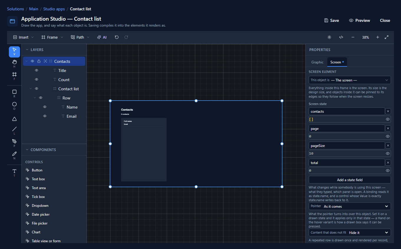 The Contacts screen's state: contacts [], page 0, pageSize 10 and total 0