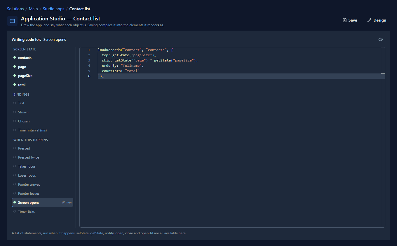 The code page for the screen: Screen opens marked Written, with the loadRecords call over five lines