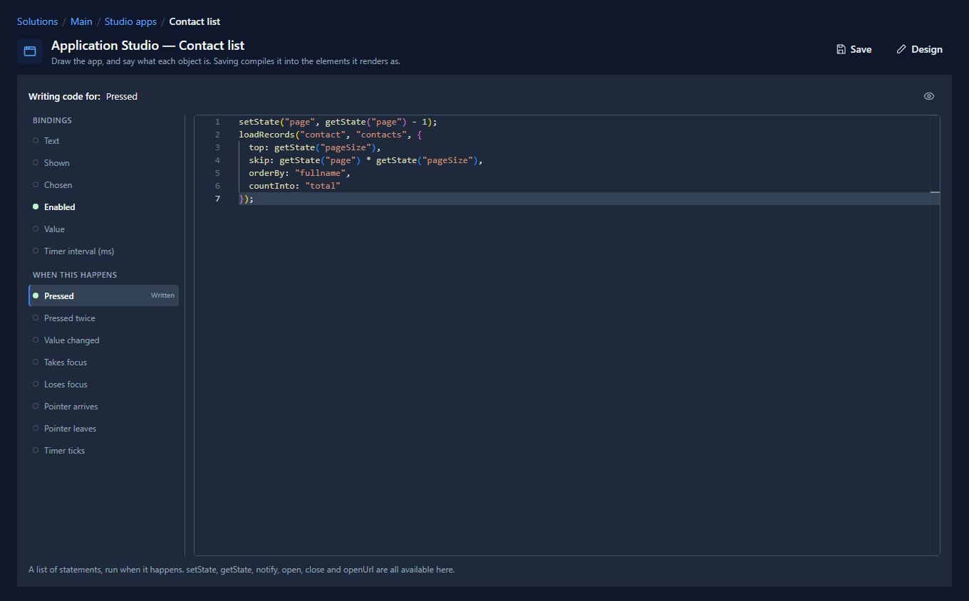 The code page for Previous: Pressed marked Written, with setState and loadRecords in the editor