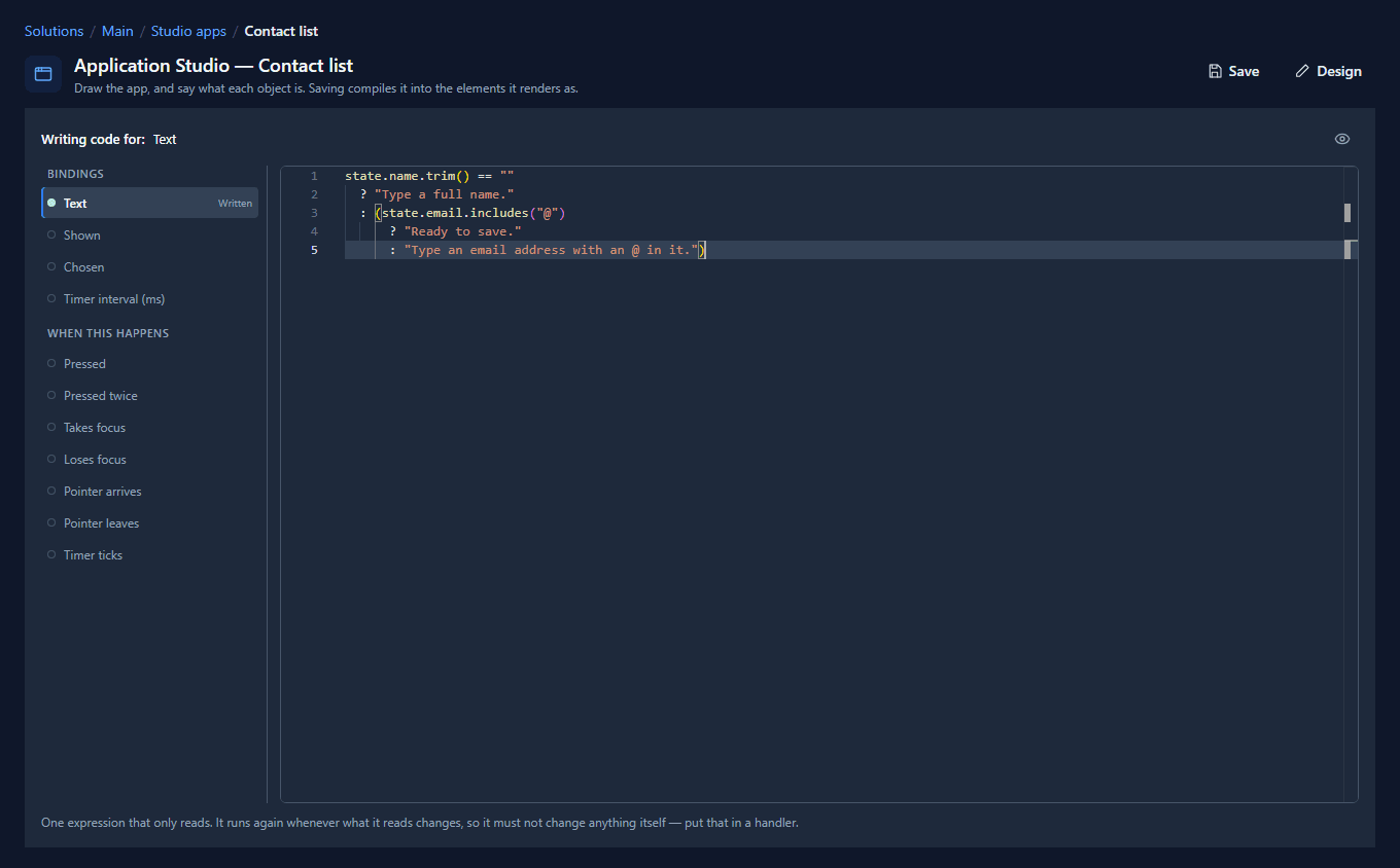 The code page for Check: Text marked Written, with the five-line expression in the editor
