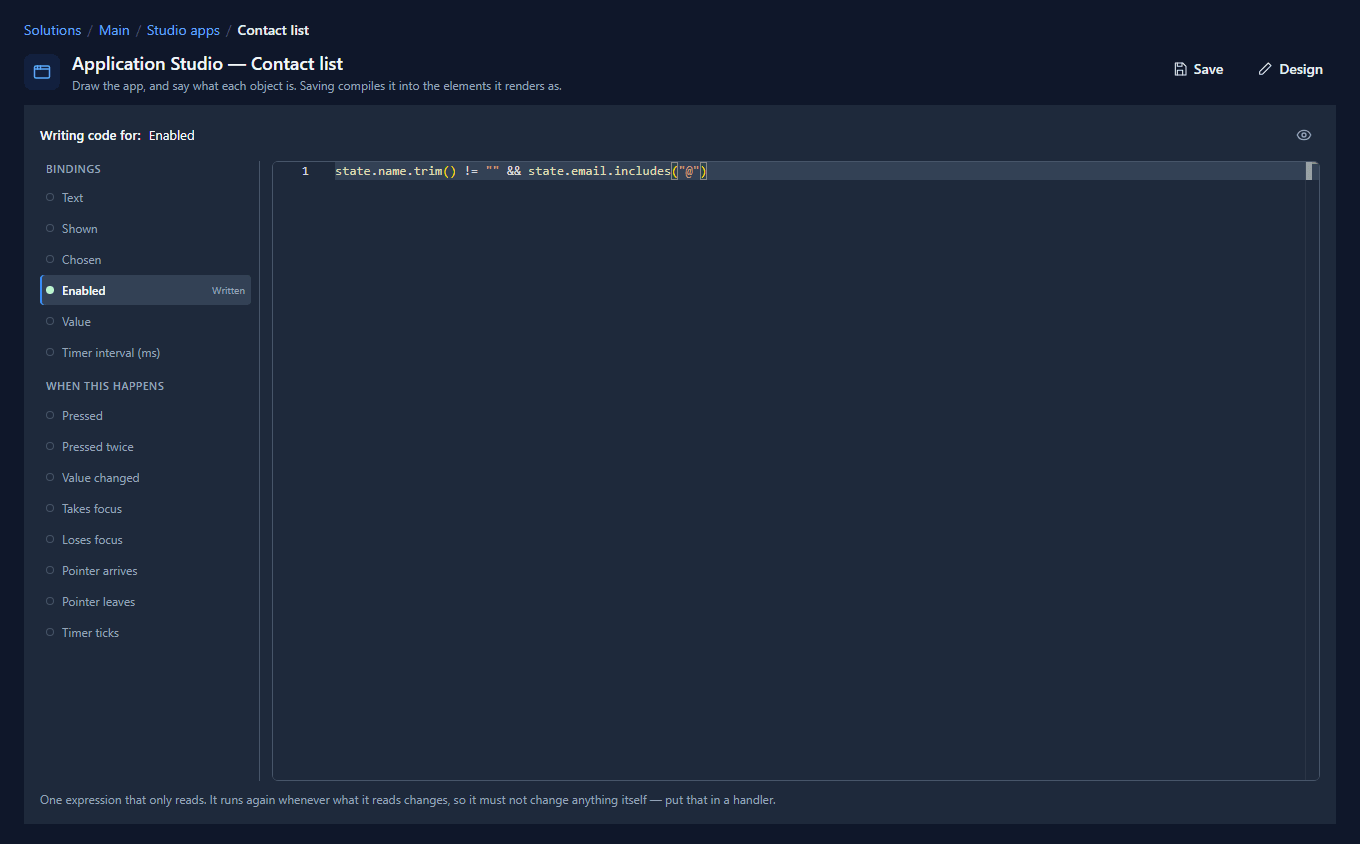 The code page for Save contact: Enabled marked Written, with the test in the editor