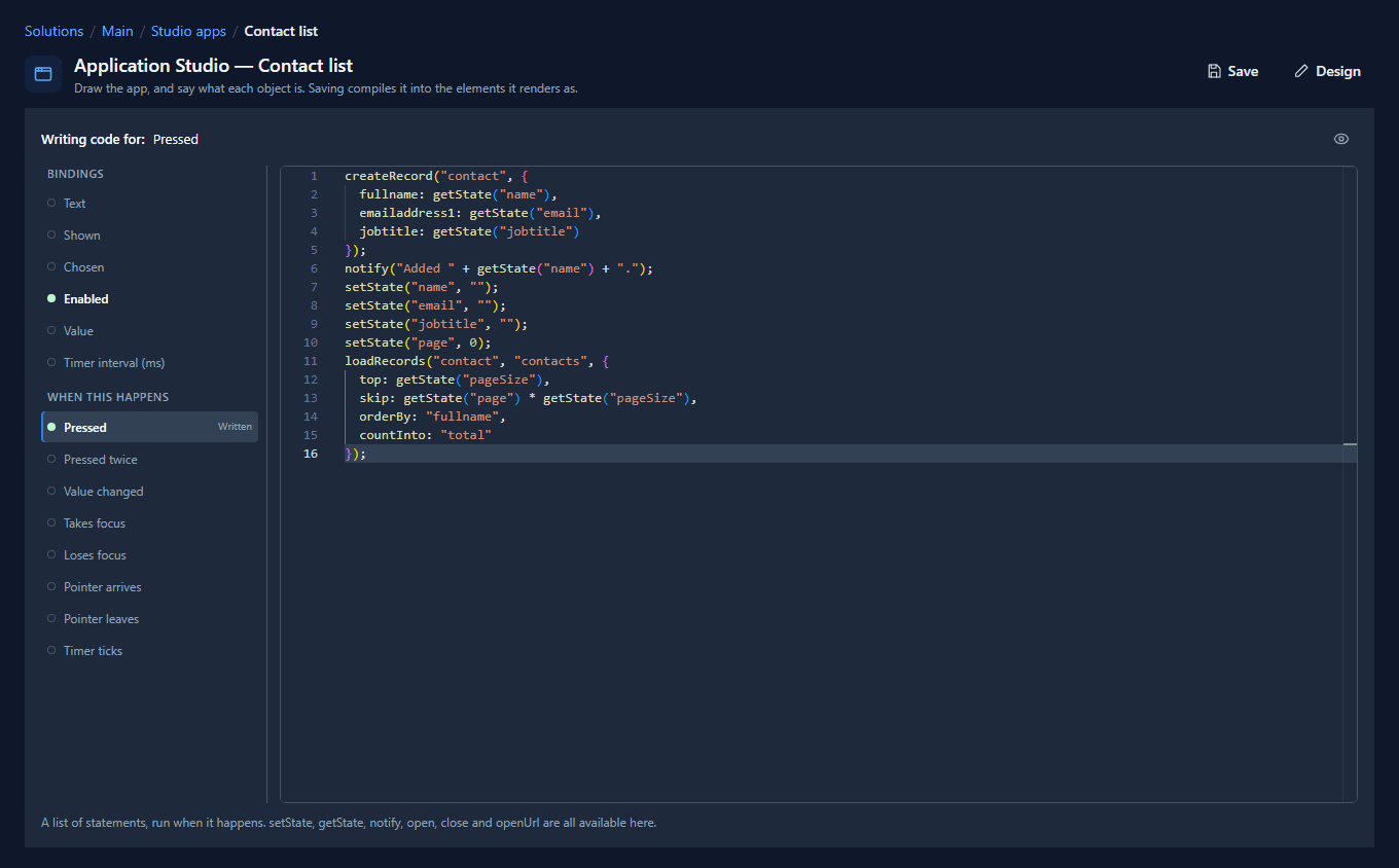 The code page for Save contact: Pressed marked Written, with createRecord, notify, four setState lines and loadRecords