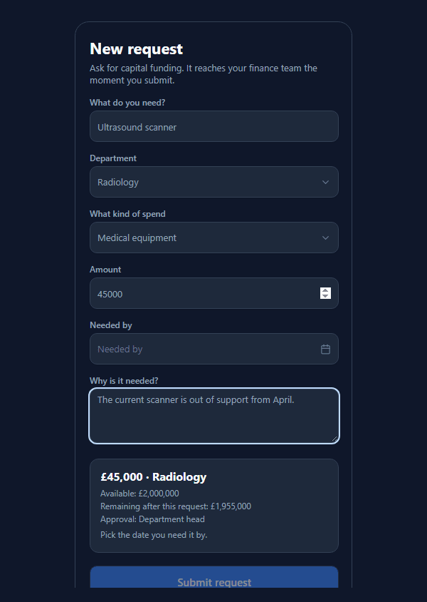 The New request phone screen: Ultrasound scanner, Radiology, Medical equipment, 45000, no date yet, a reason, and a panel reading £45,000 · Radiology, Available £2,000,000, Remaining after this request £1,955,000, Approval Department head, Pick the date you need it by.
