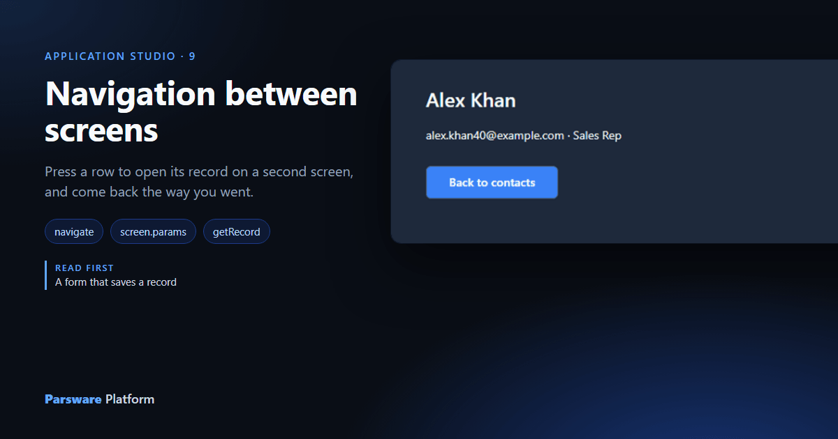 A Contact screen in the Shell showing Alex Khan, alex.khan40@example.com · Sales Rep and a Back to contacts button, next to the title "Navigation between screens"