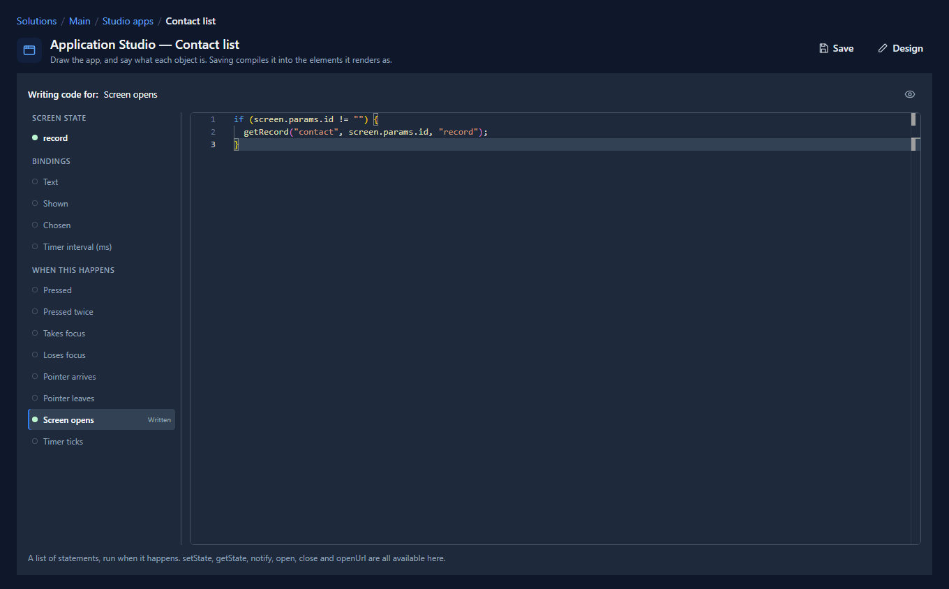 The code page for the Contact screen: Screen opens marked Written, with the if and getRecord in the editor