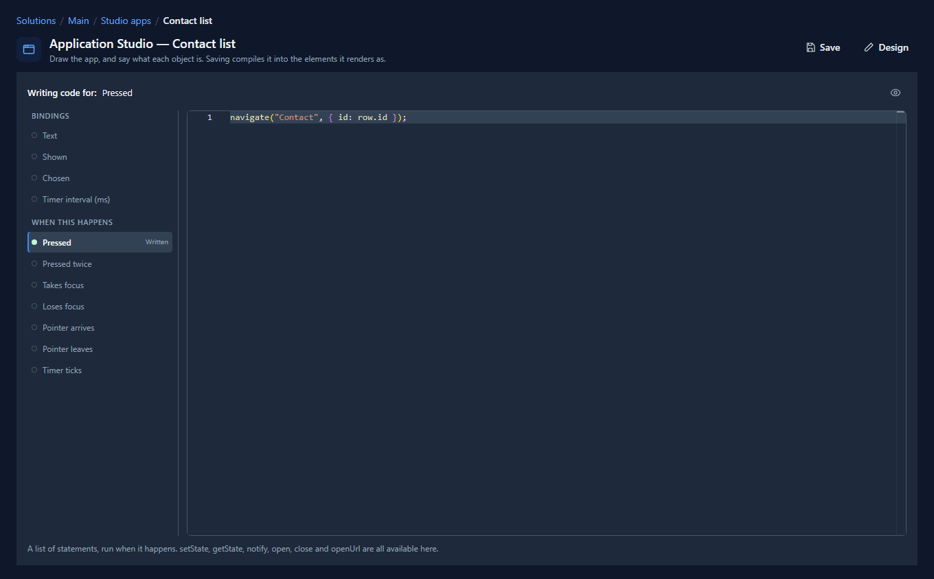 The code page for Row: Pressed marked Written, with navigate("Contact", { id: row.id }) in the editor