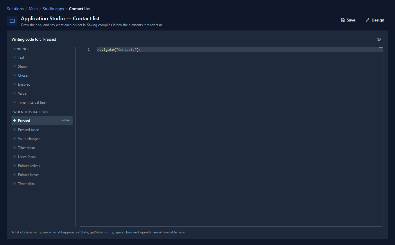 The code page for Back: Pressed marked Written, with navigate("Contacts") in the editor