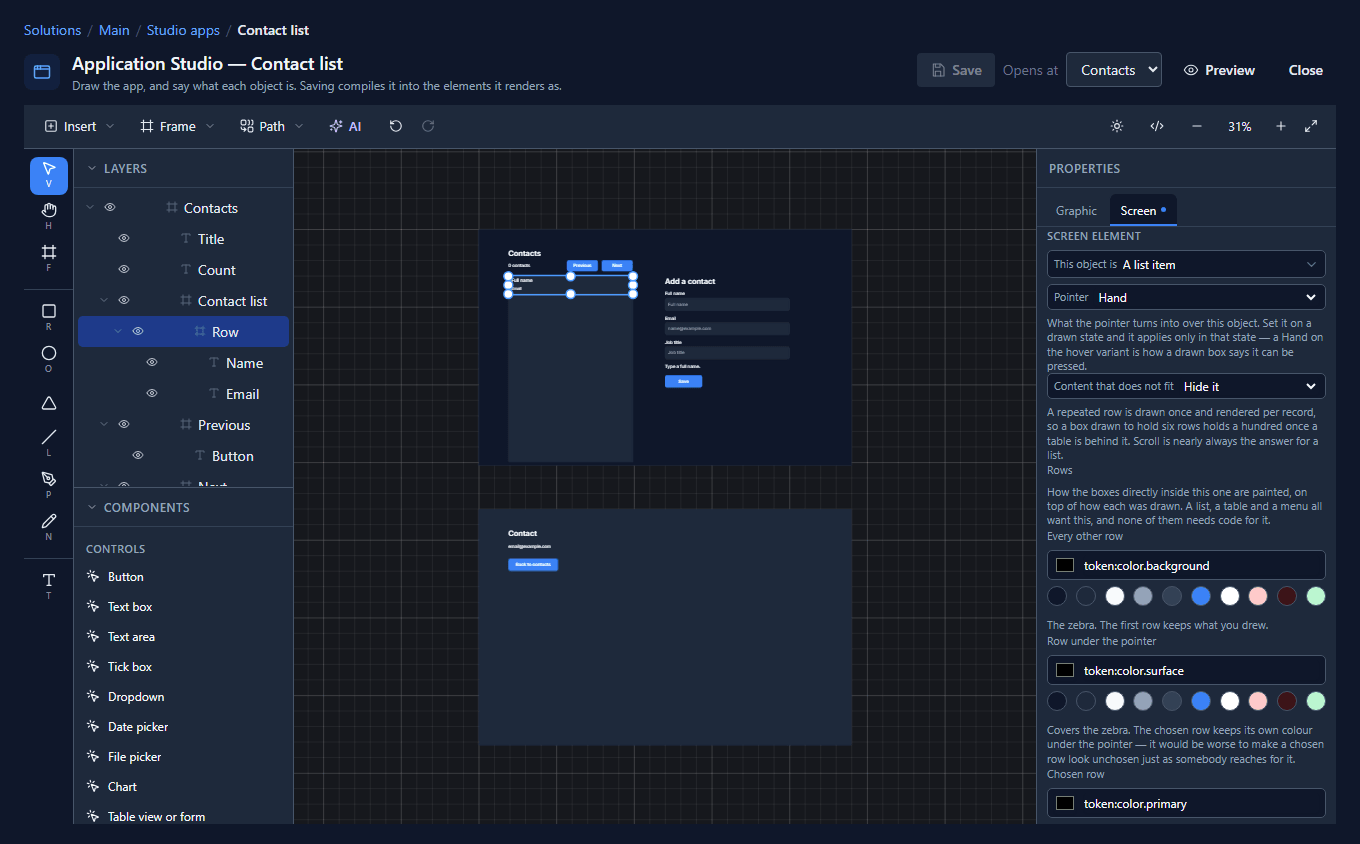 The designer with both screens on the canvas, Contacts above Contact, and Opens at: Contacts in the title bar