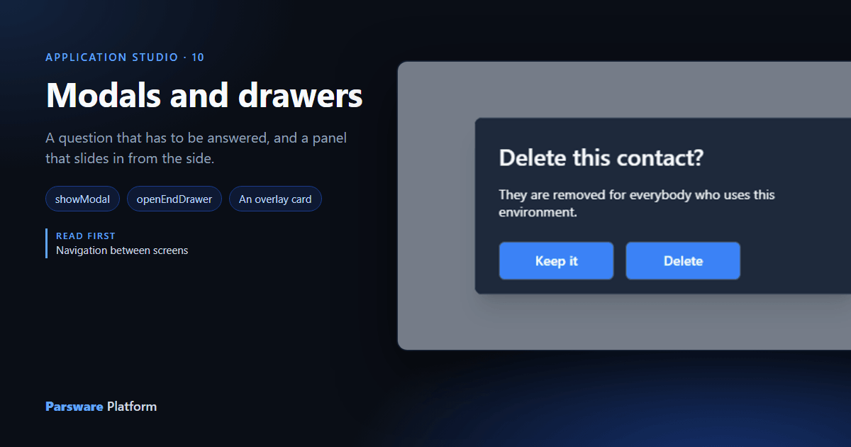 A modal over the Contact screen asking "Delete this contact?" with Keep it and Delete buttons, next to the title "Modals and drawers"