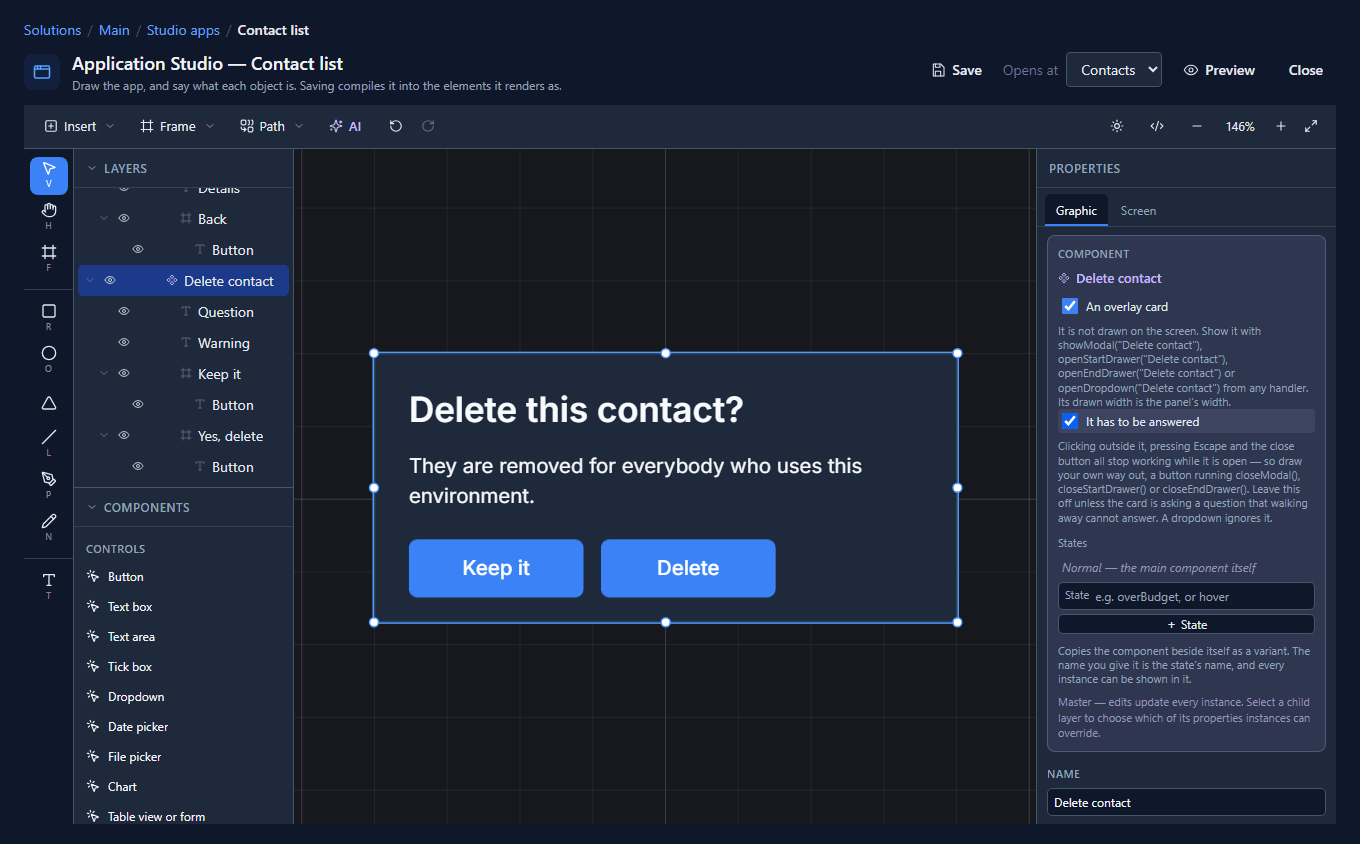 The Delete contact card on the canvas, and its Component panel with An overlay card and It has to be answered both ticked
