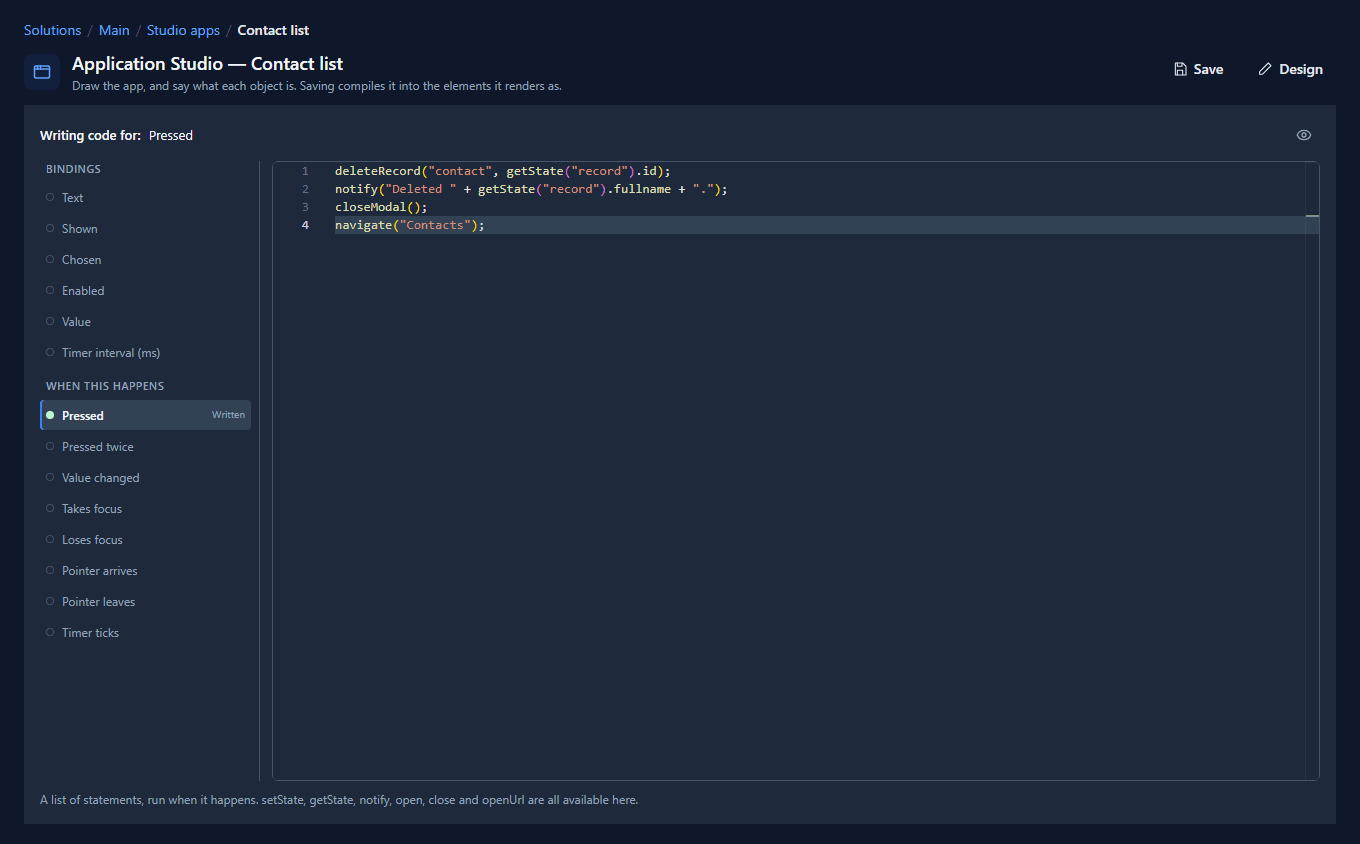 The code page for the Delete button: Pressed marked Written, with deleteRecord, notify, closeModal and navigate in the editor